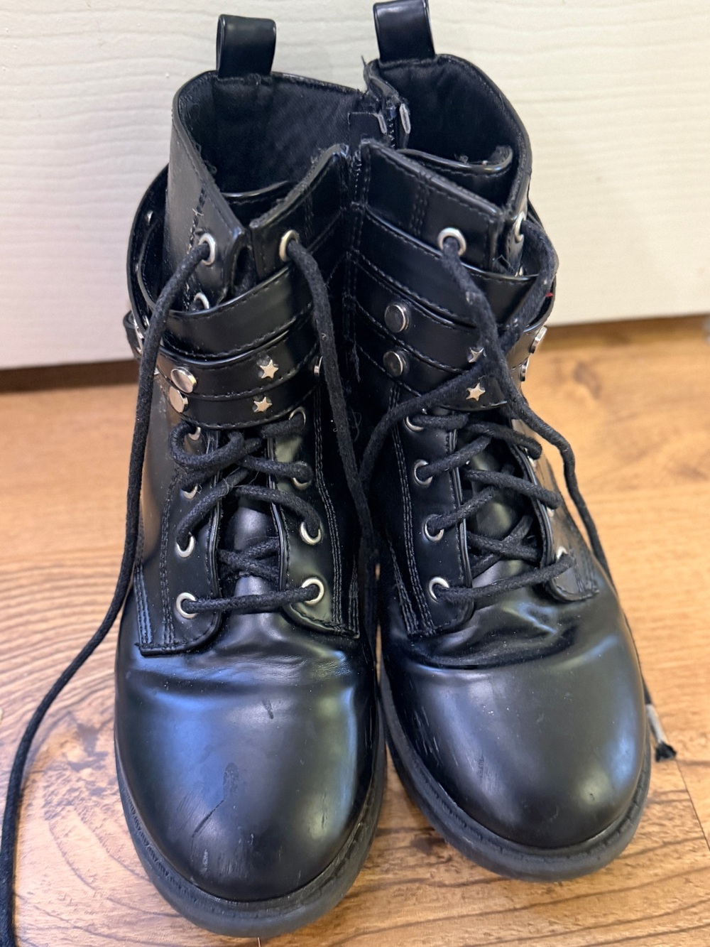 Black Girl's Lace-Up Combat Boots with Star-Accent Strap